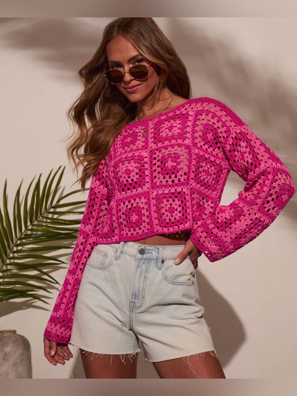Le Lis Hot Pink Crochet Crop Sweater